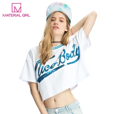 Material girl 2015夏季专柜 潮 闪耀亮片字母纯色短打短袖T恤 女