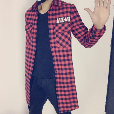 秋季外套男青少年日系复古格子印花中长款风衣男生韩版修身外套潮