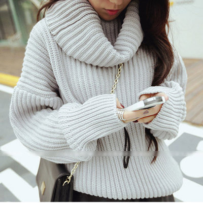 韩国代购2015冬季新品学生宽松针织衫外套高领女士毛衣套头泡泡袖