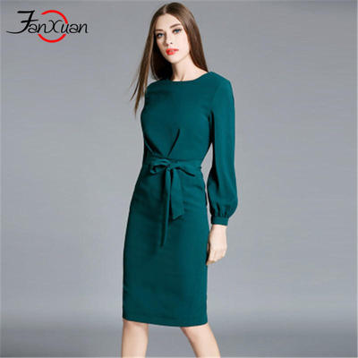 轻奢品牌梵炫FanXuan新款优雅灯笼袖纯色收腰圆领OL连衣裙女士