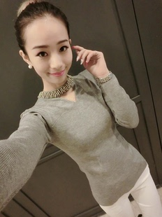 韩国代购2015秋装新款钉珠领羊毛衫韩版修身百搭羊毛针织打底衫