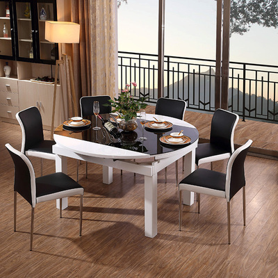 实木4人电磁炉餐桌椅组合现代简约可伸缩折叠钢化玻璃6人圆角餐桌
