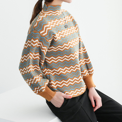 2016春季新款韩版简约条纹花色立领套头毛衣女通勤泡泡袖短款针织