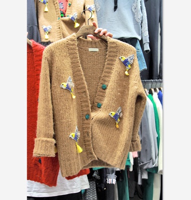 2015韩国东大门代购小鸟燕子手工钉珠重工羊毛衫针织开衫毛衣上衣