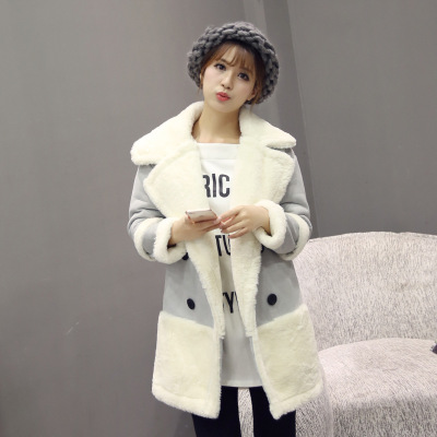 2015冬季韩版 甜美直筒 鹿皮绒中长款加厚长袖双排扣 外套女 包邮