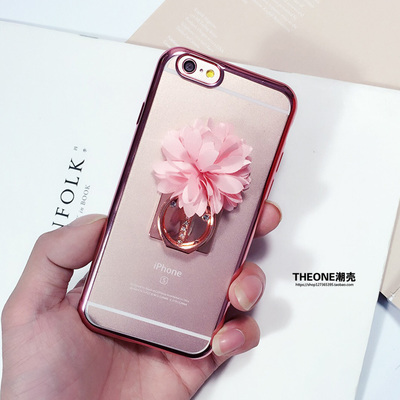 玫瑰金iphone6s花朵指环支架手机壳水钻电镀6plus手机壳防摔软套
