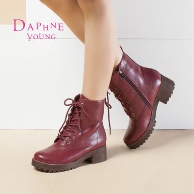 Daphne/达芙妮2015冬季新款女靴 粗方跟圆头系带马丁靴1515608005