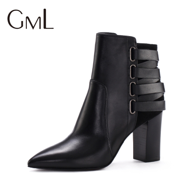 GML2015年秋冬新款女士小牛皮时尚罗马攀带结构粗高跟短靴16279