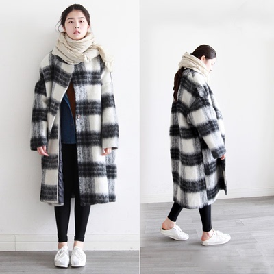 2015秋冬韩版新款格子大码中长款羊毛呢大衣宽松茧型呢大衣外套女