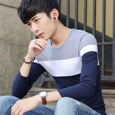 秋季男士长袖T恤青少年韩版圆领拼接体恤薄款修身学生纯棉打底衫
