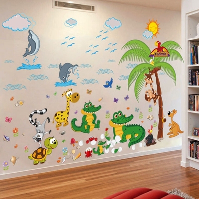 可移除卡通动物墙贴幼儿园教室宝宝卧室布置贴画客厅装饰壁纸包邮