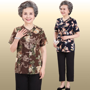 中老年人女夏装妈妈装棉麻短袖套装60-70岁老奶奶上衣裤子两件套