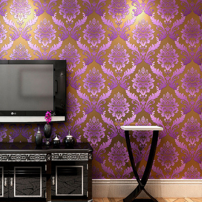 浪漫紫色米黄色3D立体浮雕欧式大马士革墙纸 客厅电视背景墙壁纸