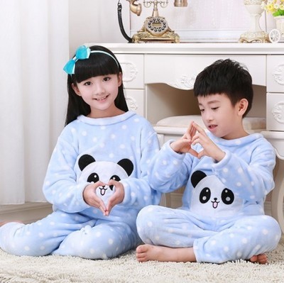 冬季儿童睡衣珊瑚绒 加厚套头 卡通熊猫男女小孩法兰绒家居服套装