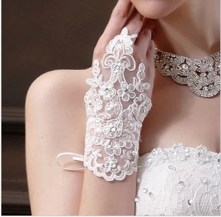 2014新款新娘婚纱车骨蕾丝花边镂空绑带镶钻无指网纱手套套袖