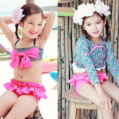 韩版女童泳装套装挂脖比基尼大立体蝴蝶结儿童泳衣泳裤和外罩衫