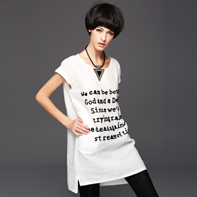 2015夏装新款 欧美宽松显瘦短袖圆领 编织英文字母 苎麻连衣裙女