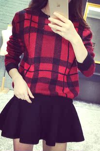 【天天特价】2015春季新款韩版学院风彩色格子宽松毛衣女针织衫
