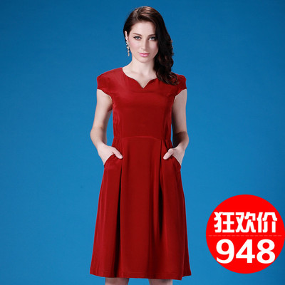 30姆米欧美2015新款夏季修身真丝连衣裙中长款桑蚕丝红色长裙女