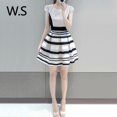 2015夏季新款小香风气质修身显瘦A字条纹欧根纱蓬蓬连衣裙中裙子