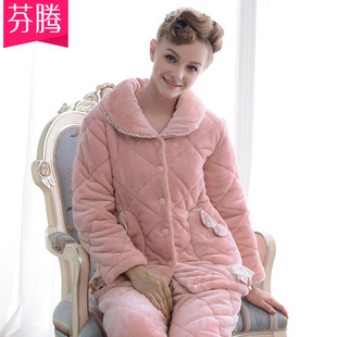 芬腾睡衣2015新款冬季女人加厚珊瑚绒夹棉长袖家居服保暖棉袄套装