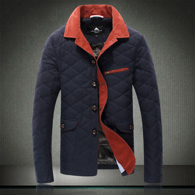 2015冬季新款菱形网格羽绒服保暖加厚西装男韩版修身外套