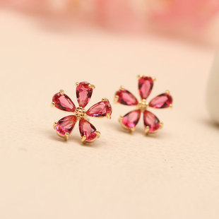 韩国进口粉色锆石五瓣花朵耳钉 时尚高端闪耀锆石防过敏银耳钉