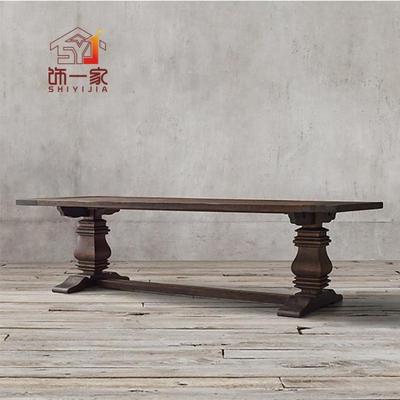 艺术风 法式复古做旧橡木圆桌 全实木桌子 美式乡村橡木餐桌定制