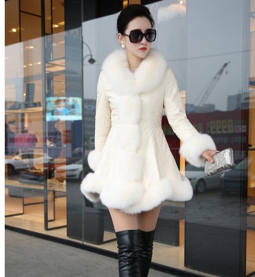 海宁2015冬季新款时尚仿狐狸毛领羽绒棉女皮衣中长款修身皮草外套
