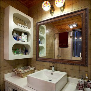 实木框雕花浴室镜 防水复古美式卫浴镜 欧式防雾壁挂定制挂墙镜子