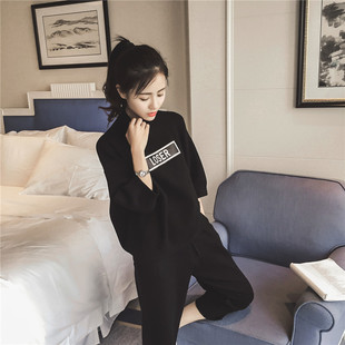 实拍秋装新款韩版宽松简洁七分裤黑色时尚套装两件套女 U8969