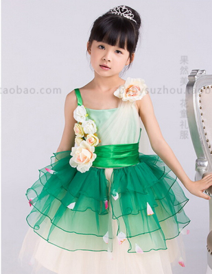 儿童公主裙纱裙女童演出服礼服裙蓬蓬裙吊带裙子绿色花朵裙