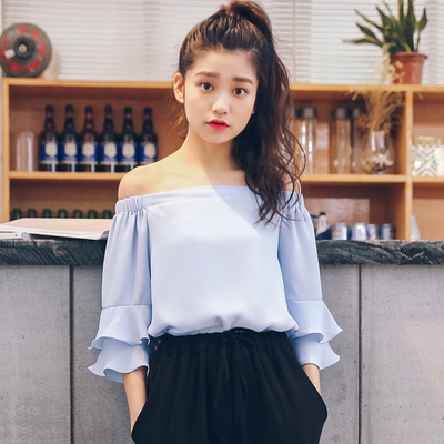 2016新款韩版一字领雪纺衫露肩上衣女夏短袖宽松百搭纯色衬衫衬衣