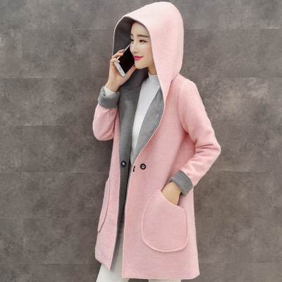 2015秋冬新款时尚韩版显瘦羊毛呢连帽大衣百搭撞色潮流女中长外套