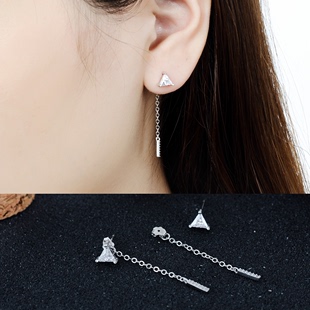韩国925纯银三角形锆石后挂钻耳线耳钉耳环 简约时尚百搭气质女款