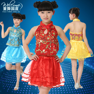 儿童演出服绣花舞蹈服 民族舞幼儿比赛表演服喜庆中国风蓬蓬纱裙