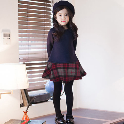 韩国童装女童2015秋冬新款韩版儿童学院风中大童长袖连衣裙