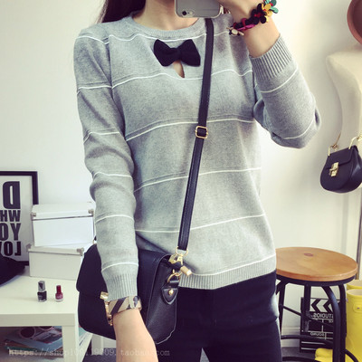 2015秋韩版甜美领口蝴蝶结条纹圆领套头毛衣长袖修身打底针织衫女