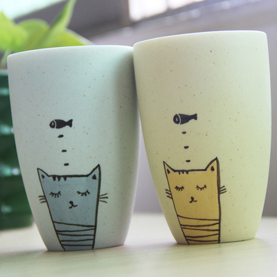 情侣萌物黄蓝色猫咪卡通杯子创意个性手工杯陶瓷定制情侣生日礼物