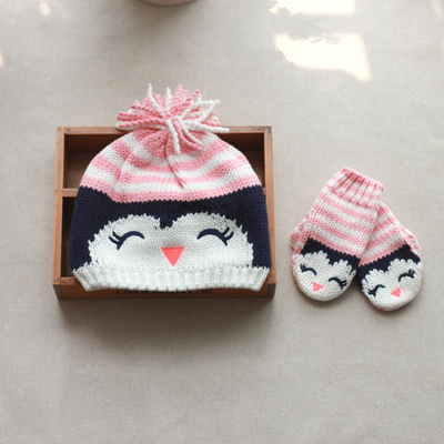 婴儿帽子秋冬天新女儿童毛线针织套头帽手套两件套宝宝纯棉保暖帽