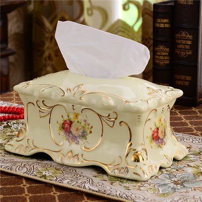 奢华欧式客厅纸巾盒陶瓷田园创意家居日用装饰品复古抽纸盒