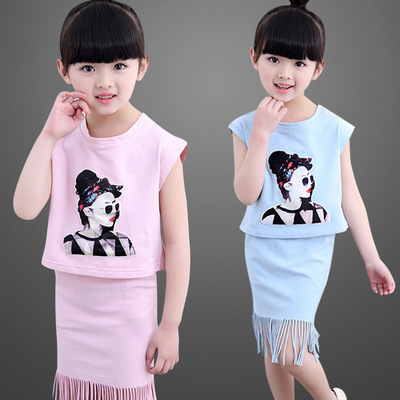 女童套装夏2016新款儿童韩版 夏季棉印花时尚无袖t恤套流苏裙童装