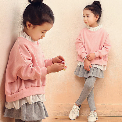 2016专柜韩版童蝙蝠袖套装童裙裤韩国童装裙套装实拍假两件童套装