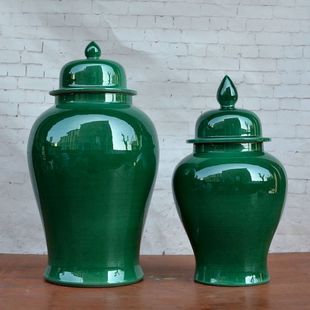中式景德镇陶瓷将军罐 储物罐 花瓶带盖 绿色家居摆件 样板房摆设