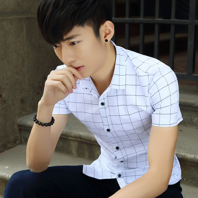 男士短袖衬衫夏季修身型衬衣2015新款学生格子打底衫男潮韩版