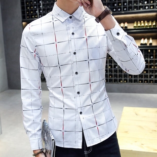 2016秋款男式衬衫 韩版修身彩色格子尖领衬衣 男士休闲衬衫代发