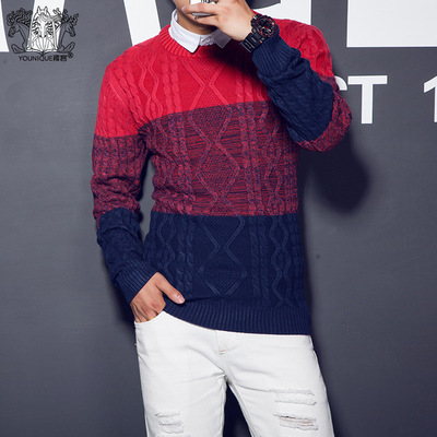 雍客2015秋季新款韩版青少年针织衫男套头修身圆领毛衣男外套