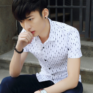 M2M夏季男装韩版条纹格子衬衫短袖时尚休闲学生印花短袖衬衣潮