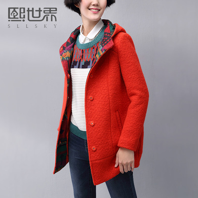 新品 熙世界2015秋冬 韩版中长款毛呢外套女羊毛呢子大衣加厚