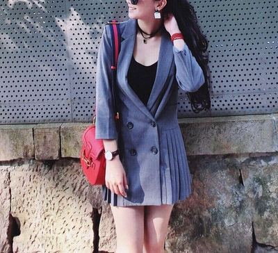 【Miss fox】韩国秋季定制双牌扣百褶裙摆西装翻领修身连衣裙